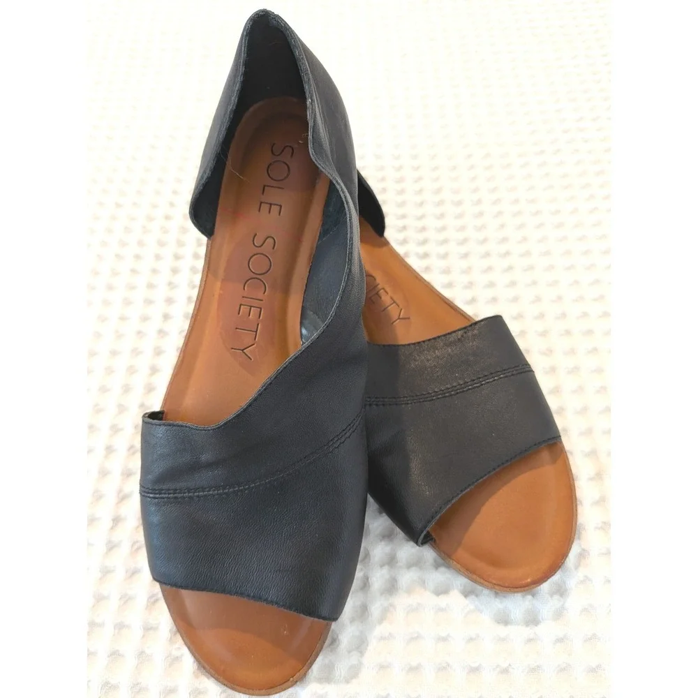 Sole Society Black Leather Asymmetrical Open Toe d'Orsay Flat Sandals Womens 8.5 - Picture 7 of 8